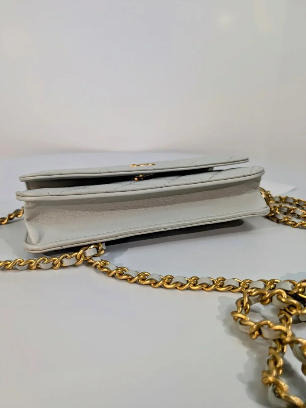 Chanel Light Grey Wallet on Chain (WOC) with Gold Charm